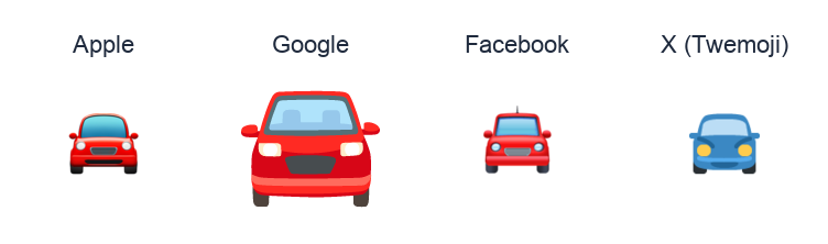 Oncoming Automobile emoji artwork compared side by side for Apple, Google Noto, Facebook, and X Twemoji styles on white.