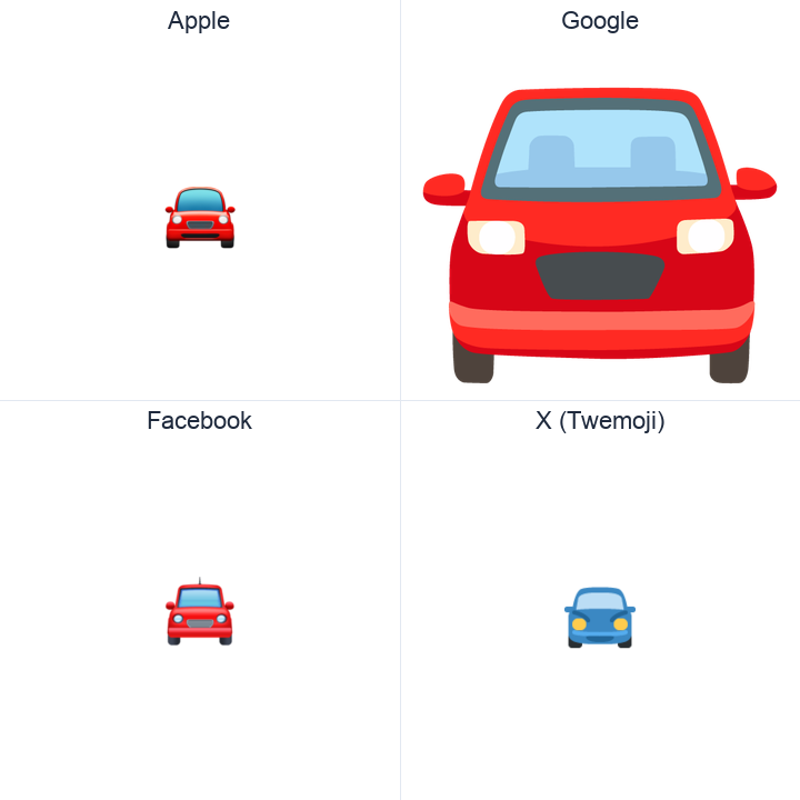 Oncoming Automobile emoji in a square grid: Apple and Google on the top row, Facebook and X Twemoji on the bottom, on white.