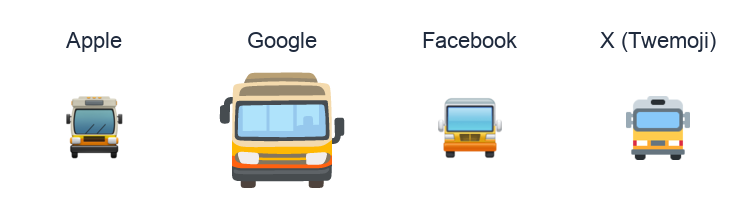 Oncoming Bus emoji artwork compared side by side for Apple, Google Noto, Facebook, and X Twemoji styles on white.