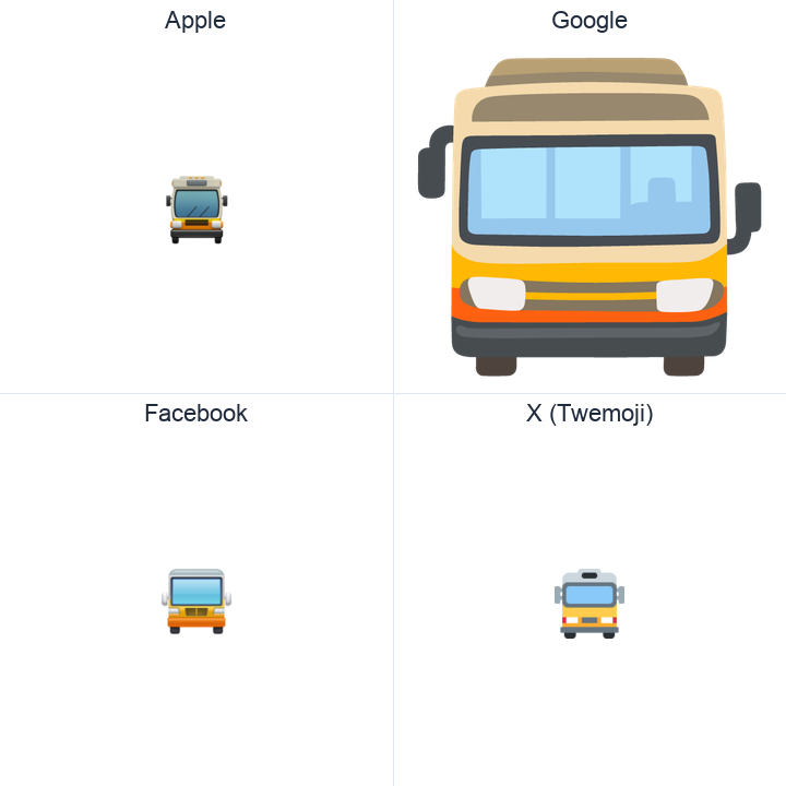 Oncoming Bus emoji in a square grid: Apple and Google on the top row, Facebook and X Twemoji on the bottom, on white.