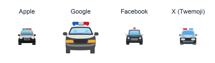 Oncoming Police Car emoji artwork compared side by side for Apple, Google Noto, Facebook, and X Twemoji styles on white.