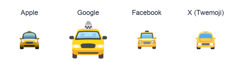 Oncoming Taxi emoji artwork compared side by side for Apple, Google Noto, Facebook, and X Twemoji styles on white.