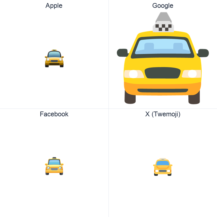 Oncoming Taxi emoji in a square grid: Apple and Google on the top row, Facebook and X Twemoji on the bottom, on white.