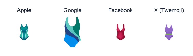One-Piece Swimsuit emoji artwork compared side by side for Apple, Google Noto, Facebook, and X Twemoji styles on white.