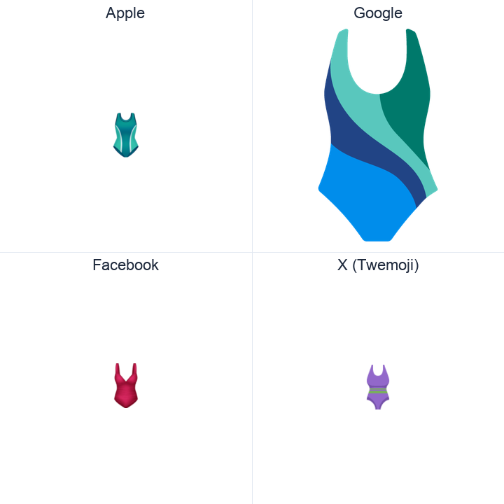 One-Piece Swimsuit emoji in a square grid: Apple and Google on the top row, Facebook and X Twemoji on the bottom, on white.