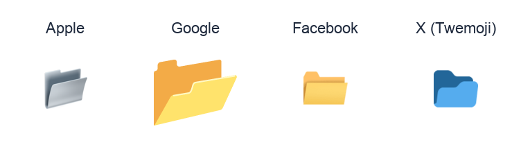 Open File Folder emoji artwork compared side by side for Apple, Google Noto, Facebook, and X Twemoji styles on white.