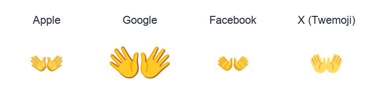 Open Hands Sign emoji artwork compared side by side for Apple, Google Noto, Facebook, and X Twemoji styles on white.