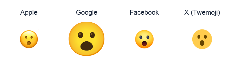 Face With Open Mouth emoji artwork compared side by side for Apple, Google Noto, Facebook, and X Twemoji styles on white.