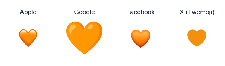 Orange Heart emoji artwork compared side by side for Apple, Google Noto, Facebook, and X Twemoji styles on white.