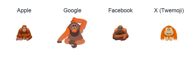 Orangutan emoji artwork compared side by side for Apple, Google Noto, Facebook, and X Twemoji styles on white.