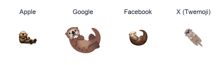 Otter emoji artwork compared side by side for Apple, Google Noto, Facebook, and X Twemoji styles on white.