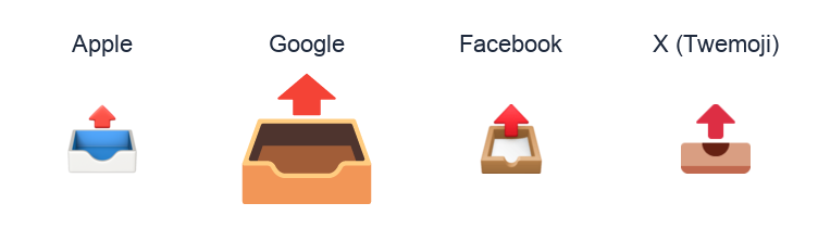 Outbox Tray emoji artwork compared side by side for Apple, Google Noto, Facebook, and X Twemoji styles on white.