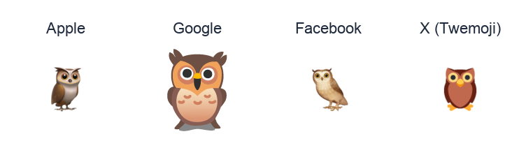 Owl emoji artwork compared side by side for Apple, Google Noto, Facebook, and X Twemoji styles on white.