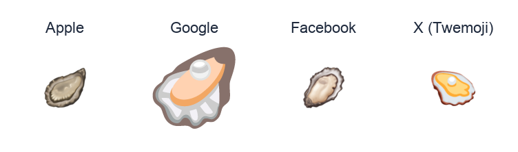 Oyster emoji artwork compared side by side for Apple, Google Noto, Facebook, and X Twemoji styles on white.