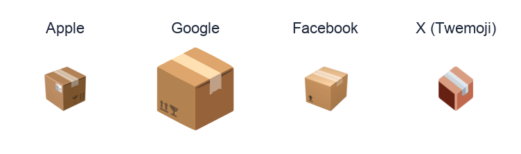 Package emoji artwork compared side by side for Apple, Google Noto, Facebook, and X Twemoji styles on white.