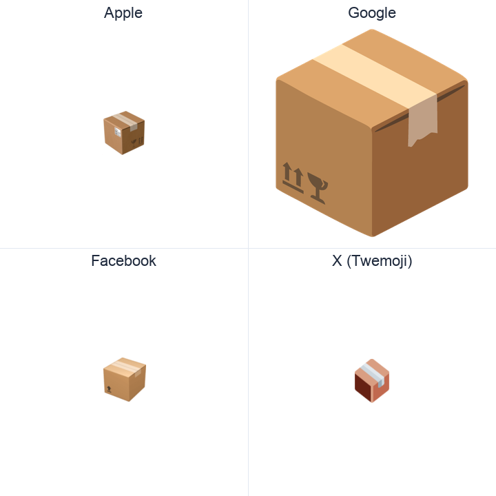 Package emoji in a square grid: Apple and Google on the top row, Facebook and X Twemoji on the bottom, on white.