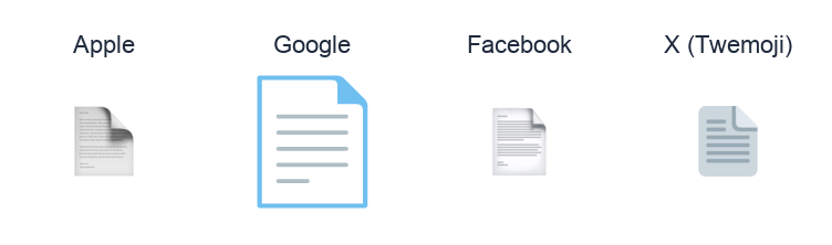Page Facing Up emoji artwork compared side by side for Apple, Google Noto, Facebook, and X Twemoji styles on white.