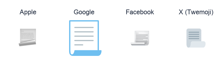 Page With Curl emoji artwork compared side by side for Apple, Google Noto, Facebook, and X Twemoji styles on white.