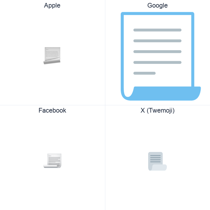 Page With Curl emoji in a square grid: Apple and Google on the top row, Facebook and X Twemoji on the bottom, on white.