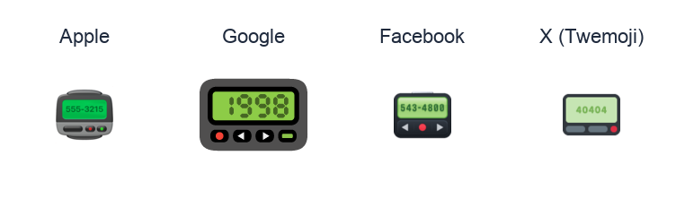 Pager emoji artwork compared side by side for Apple, Google Noto, Facebook, and X Twemoji styles on white.