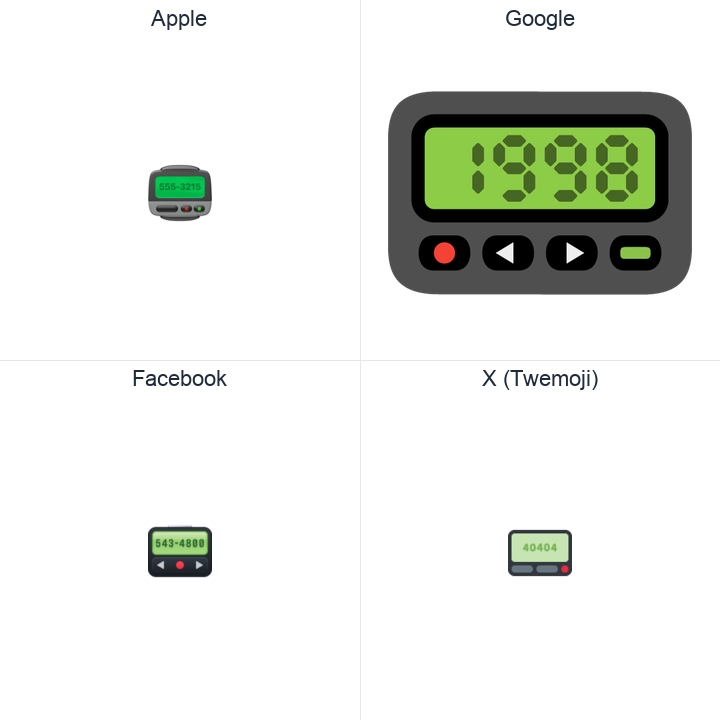 Pager emoji in a square grid: Apple and Google on the top row, Facebook and X Twemoji on the bottom, on white.