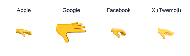 Palm Down Hand emoji artwork compared side by side for Apple, Google Noto, Facebook, and X Twemoji styles on white.