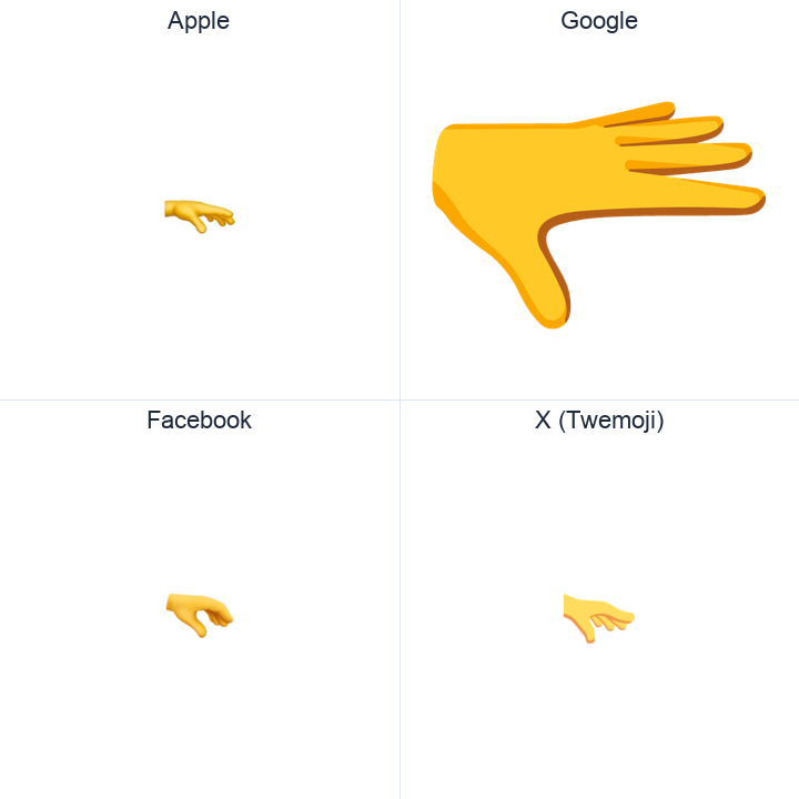 Palm Down Hand emoji in a square grid: Apple and Google on the top row, Facebook and X Twemoji on the bottom, on white.