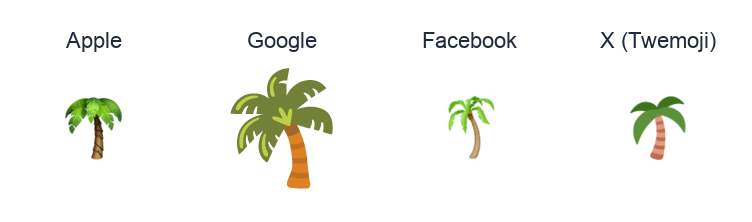 Palm Tree emoji artwork compared side by side for Apple, Google Noto, Facebook, and X Twemoji styles on white.