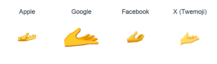 Palm Up Hand emoji artwork compared side by side for Apple, Google Noto, Facebook, and X Twemoji styles on white.