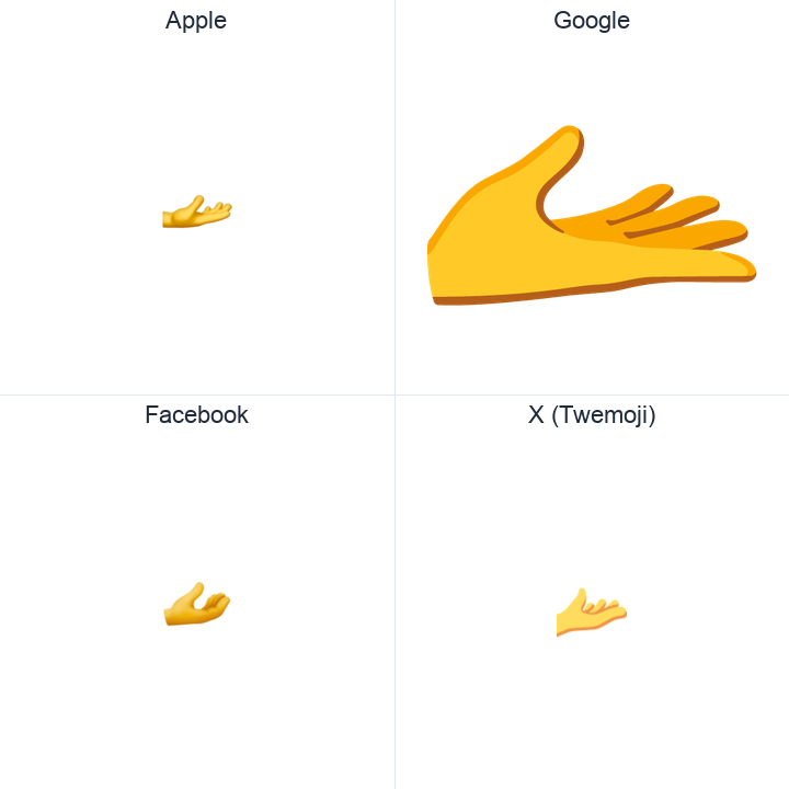 Palm Up Hand emoji in a square grid: Apple and Google on the top row, Facebook and X Twemoji on the bottom, on white.
