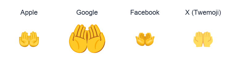 Palms Up Together emoji artwork compared side by side for Apple, Google Noto, Facebook, and X Twemoji styles on white.