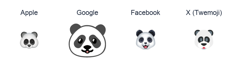 Panda Face emoji artwork compared side by side for Apple, Google Noto, Facebook, and X Twemoji styles on white.