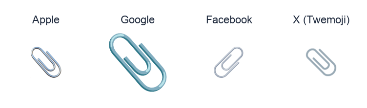 Paperclip emoji artwork compared side by side for Apple, Google Noto, Facebook, and X Twemoji styles on white.