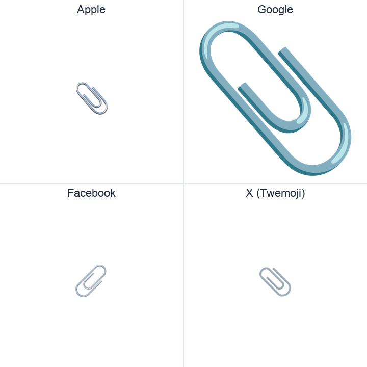 Paperclip emoji in a square grid: Apple and Google on the top row, Facebook and X Twemoji on the bottom, on white.
