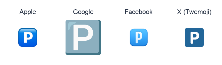 Negative Squared Latin Capital Letter P emoji artwork compared side by side for Apple, Google Noto, Facebook, and X Twemoji styles on white.