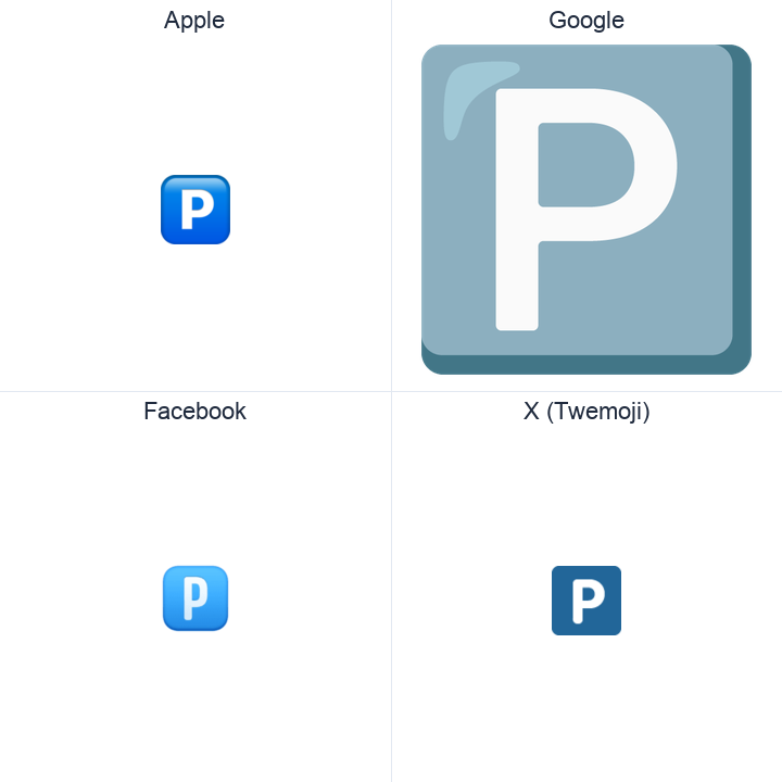 Negative Squared Latin Capital Letter P emoji in a square grid: Apple and Google on the top row, Facebook and X Twemoji on the bottom, on white.