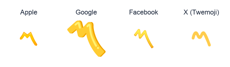 Part Alternation Mark emoji artwork compared side by side for Apple, Google Noto, Facebook, and X Twemoji styles on white.