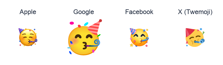 Face With Party Horn And Party Hat emoji artwork compared side by side for Apple, Google Noto, Facebook, and X Twemoji styles on white.