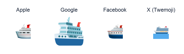 Passenger Ship emoji artwork compared side by side for Apple, Google Noto, Facebook, and X Twemoji styles on white.
