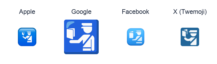 Passport Control emoji artwork compared side by side for Apple, Google Noto, Facebook, and X Twemoji styles on white.