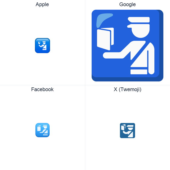 Passport Control emoji in a square grid: Apple and Google on the top row, Facebook and X Twemoji on the bottom, on white.