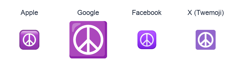 Peace Symbol emoji artwork compared side by side for Apple, Google Noto, Facebook, and X Twemoji styles on white.