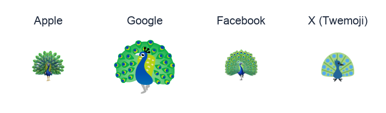 Peacock emoji artwork compared side by side for Apple, Google Noto, Facebook, and X Twemoji styles on white.