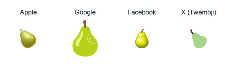 Pear emoji artwork compared side by side for Apple, Google Noto, Facebook, and X Twemoji styles on white.