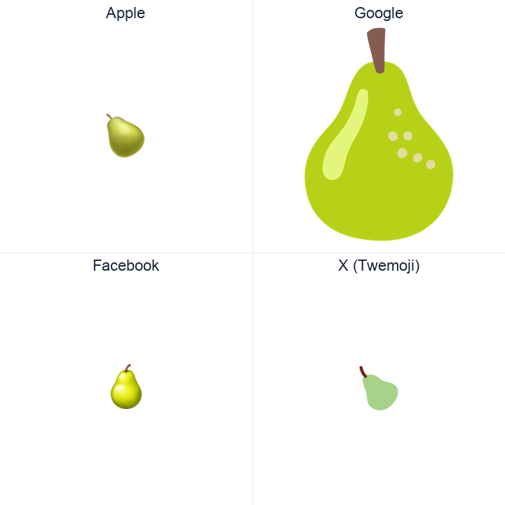 Pear emoji in a square grid: Apple and Google on the top row, Facebook and X Twemoji on the bottom, on white.