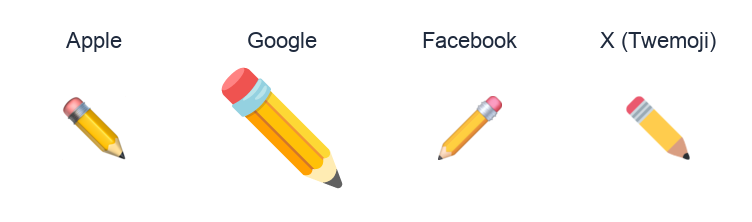 Pencil emoji artwork compared side by side for Apple, Google Noto, Facebook, and X Twemoji styles on white.