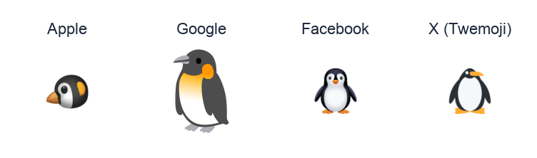 Penguin emoji artwork compared side by side for Apple, Google Noto, Facebook, and X Twemoji styles on white.