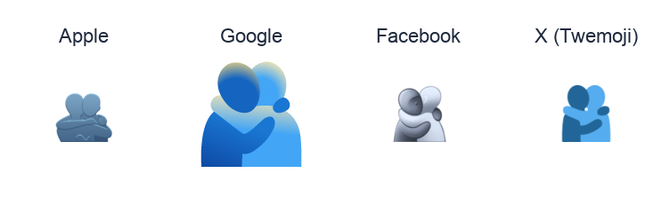 People Hugging emoji artwork compared side by side for Apple, Google Noto, Facebook, and X Twemoji styles on white.