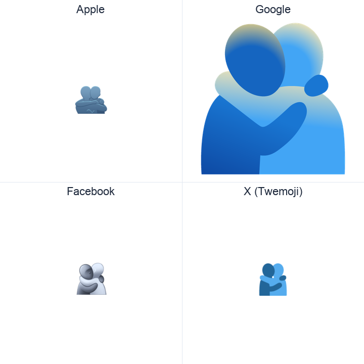 People Hugging emoji in a square grid: Apple and Google on the top row, Facebook and X Twemoji on the bottom, on white.