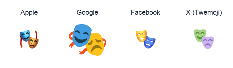 Performing Arts emoji artwork compared side by side for Apple, Google Noto, Facebook, and X Twemoji styles on white.